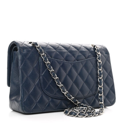 Chanel Medium Classic Double Petal Navy Blue Lambskin Silver Accessories