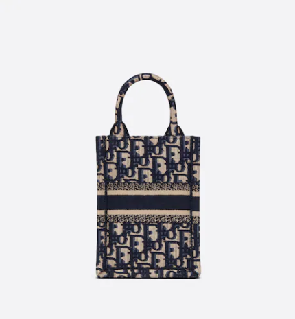 MINI DIOR BOOK TOTE PHONE BAG Blue Dior Oblique Embroidery (13 x 18 x 5 cm)