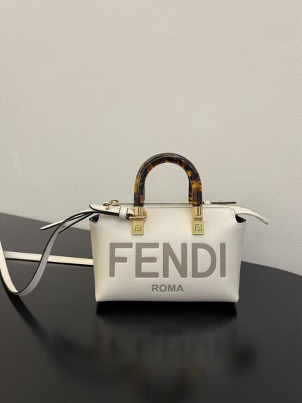 Fendi Mini ByTheWay Bag – Smooth Calfskin, Elegant White with Tortoise Handle