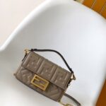 FENDI Baguette Mini Shoulder Bag – Textured Lambskin with FF Motif & Vintage Gold Hardware
