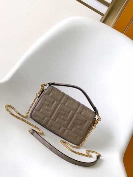 FENDI Baguette Mini Shoulder Bag – Textured Lambskin with FF Motif & Vintage Gold Hardware