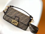 Fendi Baguette Medium Handbag – Elegant Canvas with FF Logo & Refined Black Satin Trim