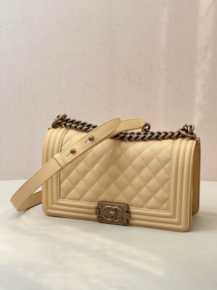 Chanel Medium Boy Bag Beige Caviar Aged Gold Hardware