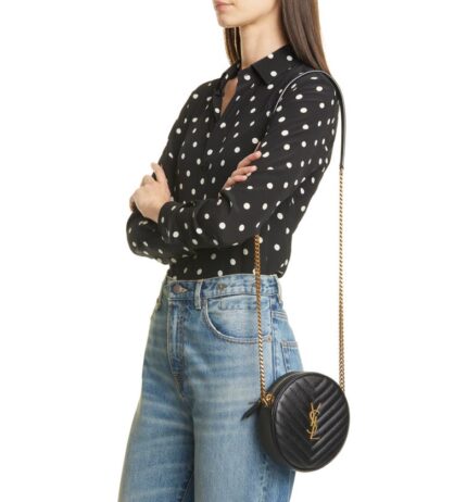YSL Vinyle Round Camera Bag in Chevron-Quilted Grain de Poudre Embossed Leather