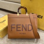 Fendi Medium Shine Tote – Elegant Amber Leather with Signature Logo Accents